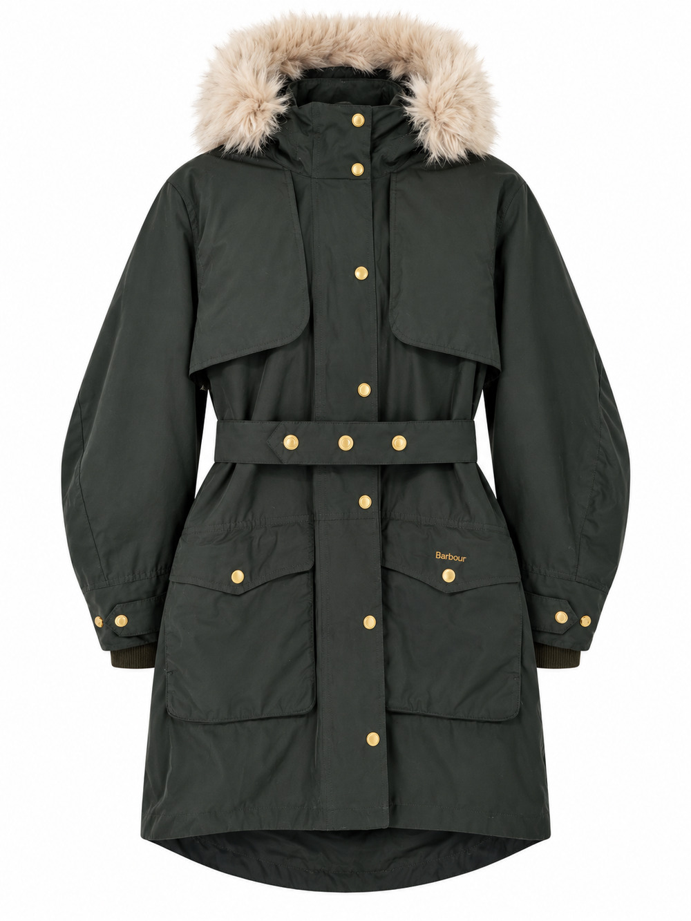 Barbour Whitebeam Wax Jacket UK 8 US 4 Green Belted Faux Fur Hood Coat